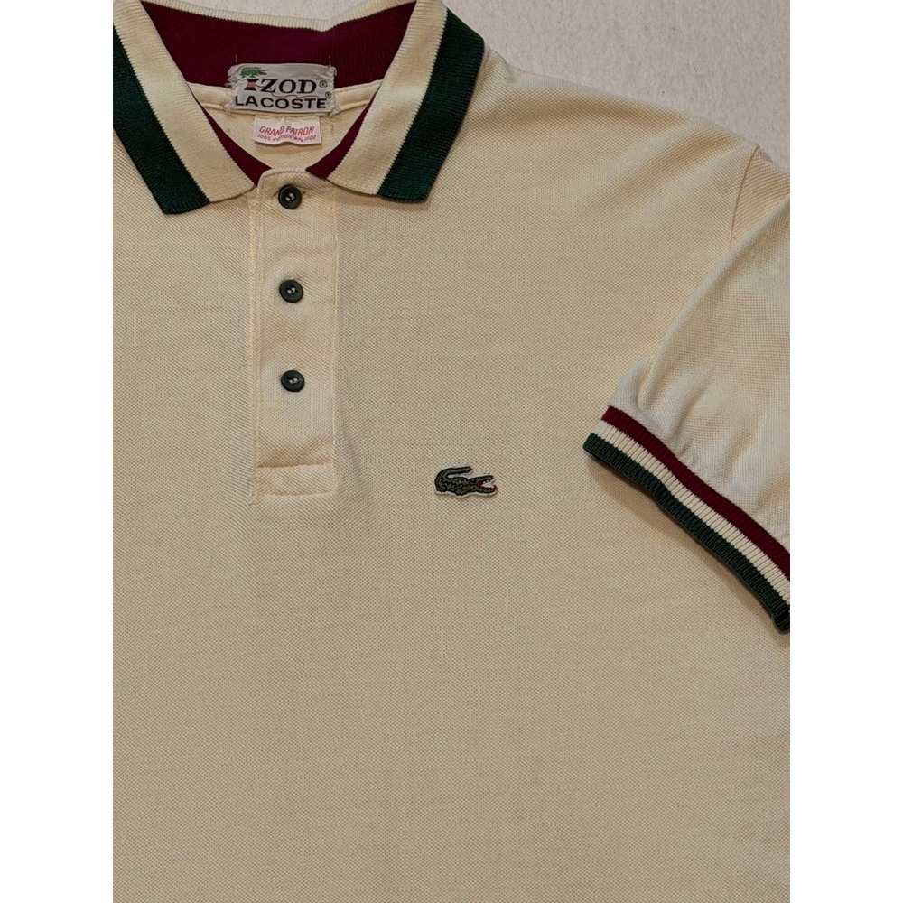 VTG IZOD LACOSTE Polo Shirt GRAND PATRON Cotton Striped Collar Size M Made USA